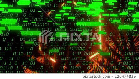 Binary code image over neon lights and abstract shapes 126474839