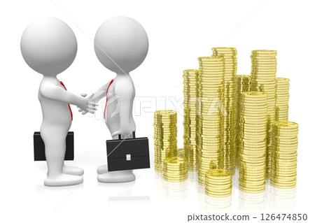 Cartoon characters shaking hands and golden coins 126474850