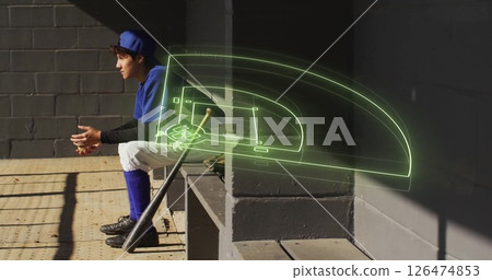 Sitting on bench, baseball player with bat over field diagram image 126474853