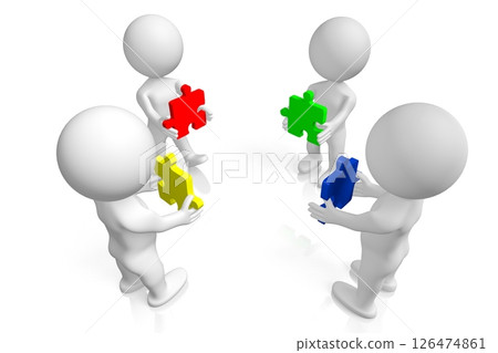 Cartoon characters holding jigsaw puzzle pieces - teamwork concept 126474861