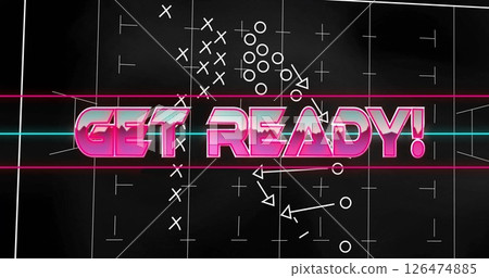 Get Ready! text image over football play diagram on black background 126474885