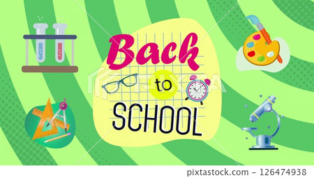 Back to school text image over colorful school supplies illustrations Back to school text image over colorful school supplies illustrations 126474938