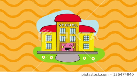 Smiling school building with flowers and wavy background image 126474940