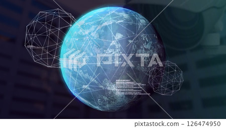Digital network and data processing image over rotating Earth and geometric shapes Digital network and data processing image over rotating Earth and geometric shapes 126474950