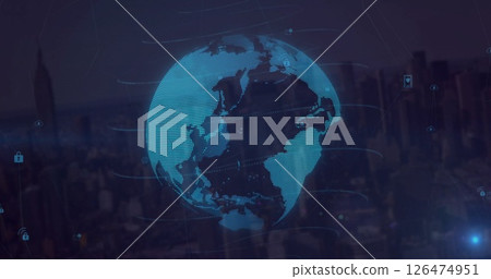 Rotating digital globe with data icons image over cityscape background 126474951