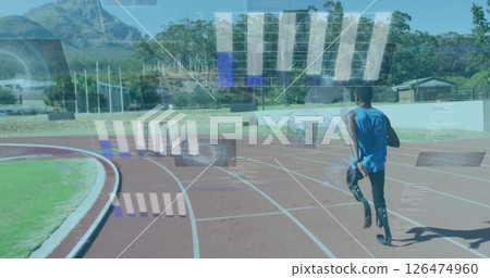 Running on track, athlete with data processing image over sports field Running on track, athlete with data processing image over sports field 126474960