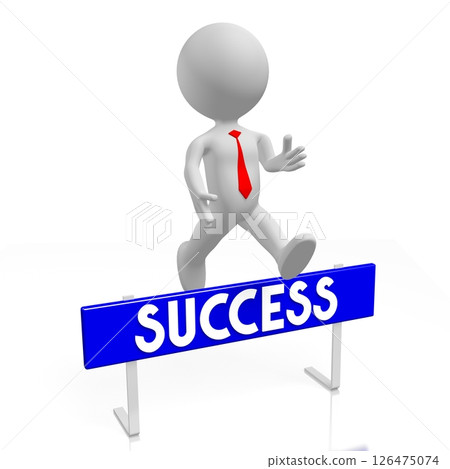 Cartoon character jumps over obstacle - success concept Cartoon character jumps over obstacle - success concept 126475074