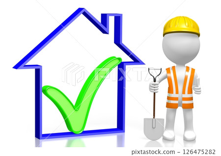 Cartoon workman with a shovel and house shape Cartoon workman with a shovel and house shape 126475282