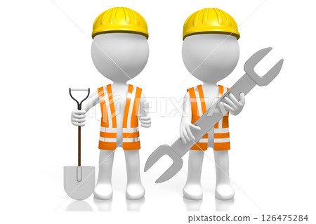 Cartoon workmen with shovel and wrench Cartoon workmen with shovel and wrench 126475284