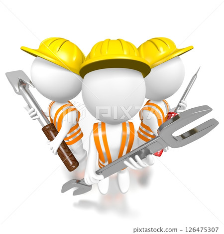 Three cartoon workmen with tools 126475307