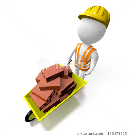 Cartoon workman with wheelbarrow full of bricks 126475315