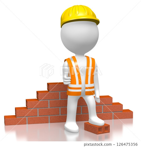 Cartoon worker building a wall with bricks 126475356
