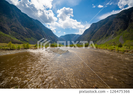 Chulyshman river flowing near Kyrsai bay at southern end of Teletskoye lake in Altai Russia Mountain watercourse in remote natural valley Chulyshman river flowing near Kyrsai bay at southern end of Teletskoye lake in Altai Russia Mountain watercourse in remote natural valley 126475366