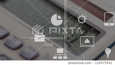 Image of data processing and media icons over calculator Image of data processing and media icons over calculator 126475442