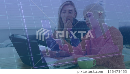 Image of data processing and diagrams over diverse colleagues using laptop in office 126475463