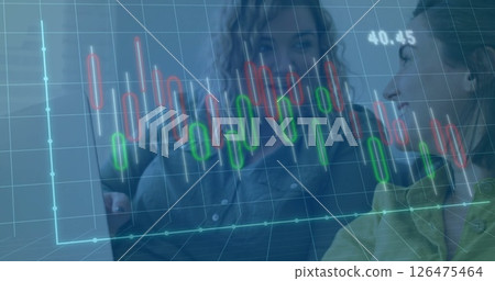 Image of data processing and diagrams over diverse colleagues using laptop in office Image of data processing and diagrams over diverse colleagues using laptop in office 126475464