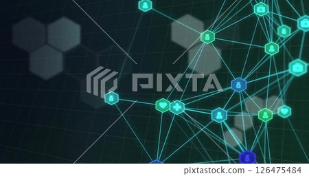 Image of network of connections with icons over moving hexagons on black background Image of network of connections with icons over moving hexagons on black background 126475484