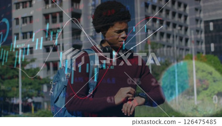 Image of financial data processing over african american man on street 126475485