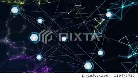 Image of network of connections with icons on black background 126475486