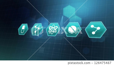 Image of medical icons over cardiograph and moving hexagons on black background 126475487