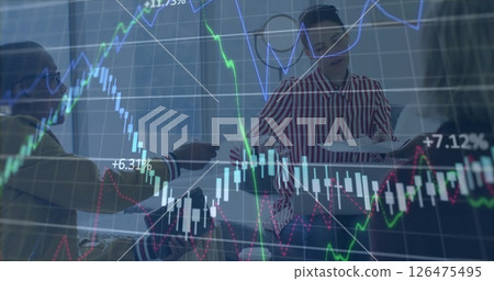 Image of financial data processing over diverse colleagues discussing work in office Image of financial data processing over diverse colleagues discussing work in office 126475495
