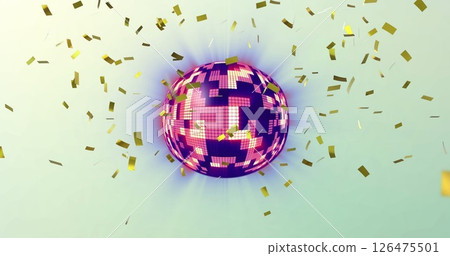 Image of confetti falling and globe on green background Image of confetti falling and globe on green background 126475501
