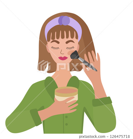 Girl puts makeup on her face with a brush. Clipart self-care. Vector illustration isolated. For design or decoration 126475718