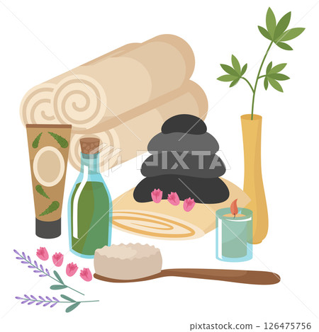 Clipart for spa treatments for face and body. Towels, cosmetics, dried flowers cream with aloe for skin care. Candle, brush, oil, lotion in jars and tubes. Vector illustration isolated. Clipart for spa treatments for face and body. Towels, cosmetics, dried flowers cream with aloe for skin care. Candle, brush, oil, lotion in jars and tubes. Vector illustration isolated. 126475756