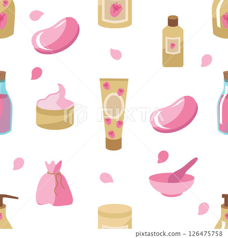 Seamless pattern of cosmetics with a rose for skin care. Cream, soap, oil, lotion, petals. Vector. Clipart for spa treatments for face and body. For printing on paper or fabric Seamless pattern of cosmetics with a rose for skin care. Cream, soap, oil, lotion, petals. Vector. Clipart for spa treatments for face and body. For printing on paper or fabric 126475758