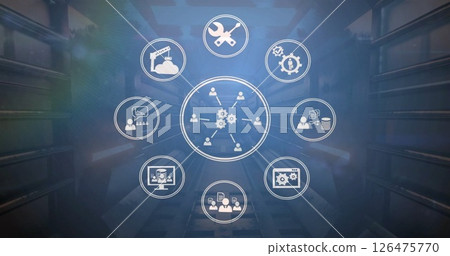 Image of network of communication and people icons and glowing light on dark background Image of network of communication and people icons and glowing light on dark background 126475770