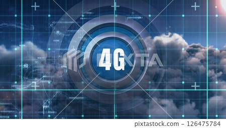 Image of grid and data over 4g text and cloudy sunset sky 126475784