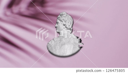 Image of ancient sculpture bust with glitch over shadow of palm leaf on pink background Image of ancient sculpture bust with glitch over shadow of palm leaf on pink background 126475805