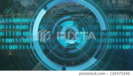 Image of scope scanning with data processing over cityscape 126475846