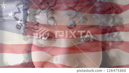 Image of smiling biracial woman over flag of usa 126475868