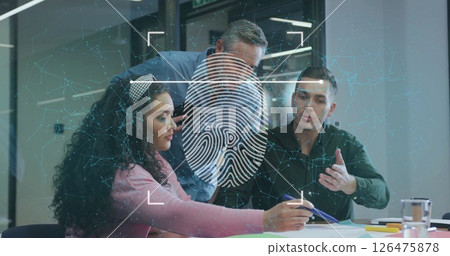 Image of biometric fingerprint data processing over diverse business people in office 126475878