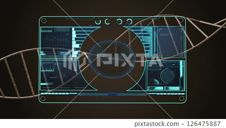 Image of dna strand over interface processing blood cell data on black background 126475887