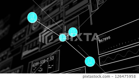 Image of network over charts and graphs processing data on black background 126475958