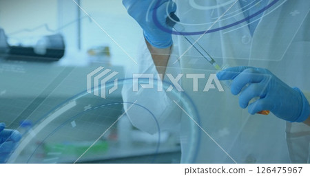 Image of data processing and scope scanning over caucasian scientists with test tube Image of data processing and scope scanning over caucasian scientists with test tube 126475967