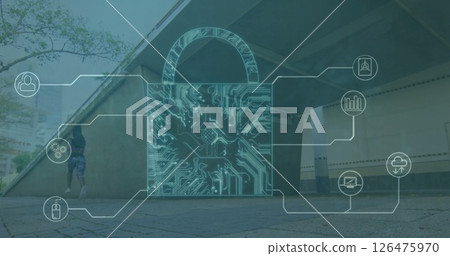 Image of network of connections with padlock and icons over biracial woman running Image of network of connections with padlock and icons over biracial woman running 126475970