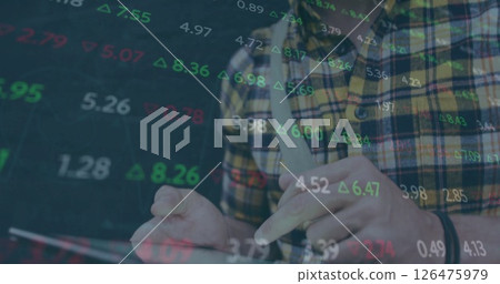 Image of stock market and diagram over caucasian businessman using smartphone 126475979