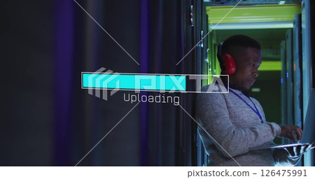 Image of loading bar over african american man working in server room 126475991