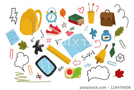 Back to school, a collection of hand-drawn clipart. Backpack, accessories, brushes, sneakers, ruler, tablet, alarm clock, notebook. Vector illustration isolated. Back to school, a collection of hand-drawn clipart. Backpack, accessories, brushes, sneakers, ruler, tablet, alarm clock, notebook. Vector illustration isolated. 126476006
