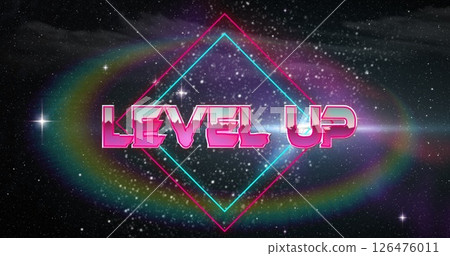 Image of level up text over neon pattern background 126476011
