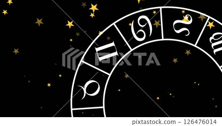 Image of circle with zodiac signs over stars on black background Image of circle with zodiac signs over stars on black background 126476014