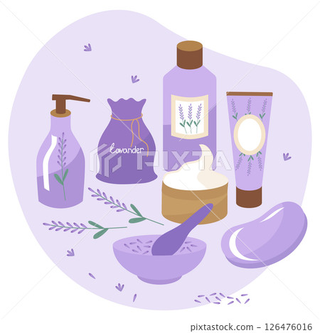 Cosmetics set with lavender for skin care. Cream, soap, lotion in jars and tubes. Vector illustration isolated. Clipart for spa treatments for face and body. 126476016