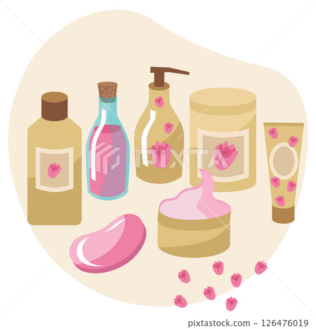 Cosmetics set with a rose for skin care. Cream, soap, oil, lotion in jars and tubes. Vector illustration isolated. Clipart for spa treatments for face and body. 126476019