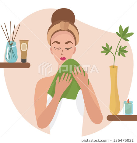 Girl washes in the bathroom, wipes her face with a towel. On the shelves are cream, aroma sticks, cosmetics, a candle, a flower in jars and tubes. Vector illustration isolated. Girl washes in the bathroom, wipes her face with a towel. On the shelves are cream, aroma sticks, cosmetics, a candle, a flower in jars and tubes. Vector illustration isolated. 126476021