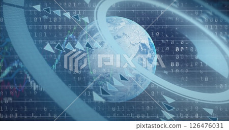 Image of scope scanning over globe and data processing on black background 126476031