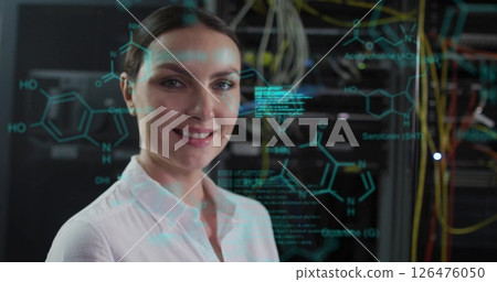 Image of data processing and chemical formula over caucasian female worker in server room 126476050