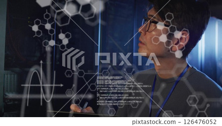 Image of data processing and chemical formula over asian male worker in server room Image of data processing and chemical formula over asian male worker in server room 126476052